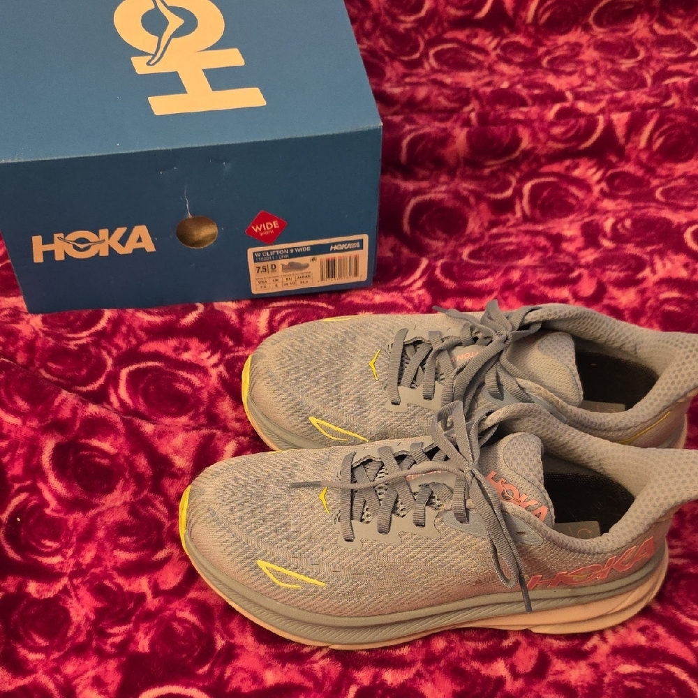 Hoka Blue and Neon Green Athletic Shoes